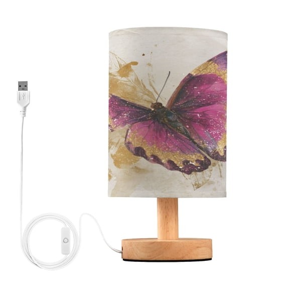 WOBOGO Burgundy Butterfly Bedroom Table Lamp USB Power Connector Wooden Base Round Linen Shade For Living Room Desk