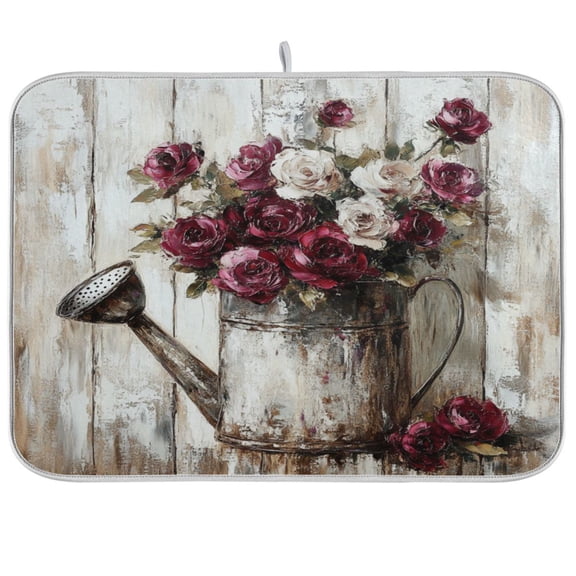 WOBOGO Burgundy Roses Kitchen Drying Mat Heat Resistant Drainage with Non-Slip Rubber Backing Hides Stains Super Absorbent Easy to Clean 16×18in