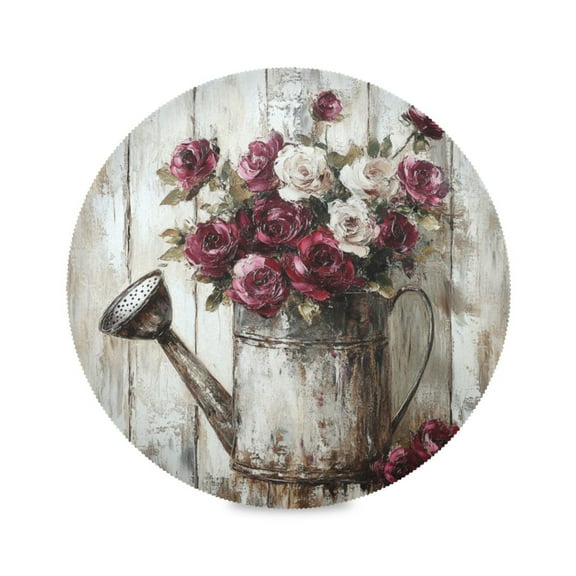 WOBOGO Burgundy Roses Round Placemats Set of 1 Heat Resistant Washable Kitchen Table Decorations 15.4in