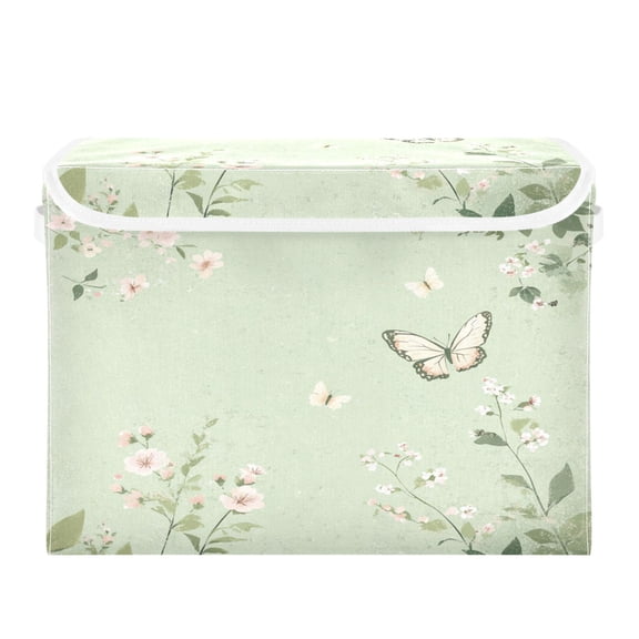 WOBOGO Butterfly Print with Pastel Flowers Large Collapsible Storage Box Flip Lid Fabric Decorative Organizer Container Basket with Handles 16.512.611.8in