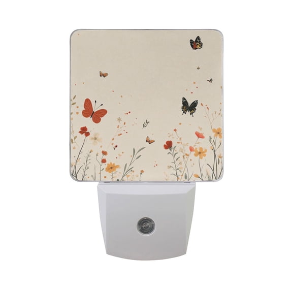 WOBOGO Butterfly Wildflower Pictures LED Night Light 2 Pcs Set 0.5 Watt Wall Plug in Dusk to Dawn Automatic Switch Soft White Light