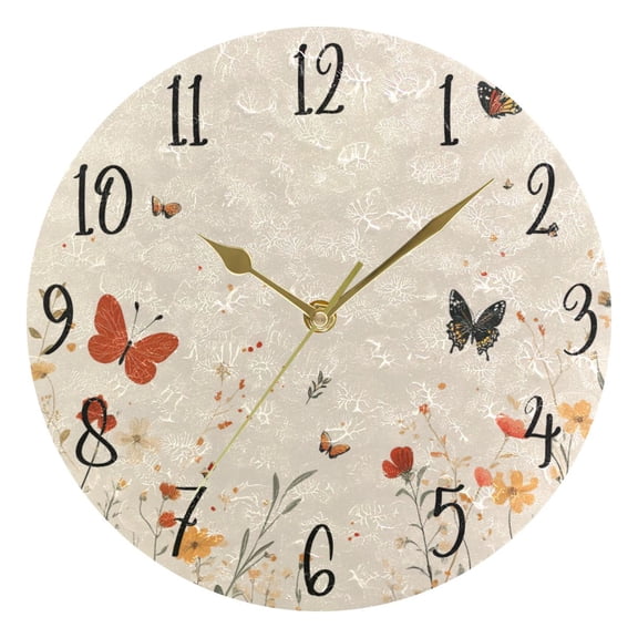 WOBOGO Butterfly Wildflower Pictures Wall Clock 10in Silent Mechanism Battery Operated Retro Style for Living Room Bedroom and Kitchen Gold Pointer