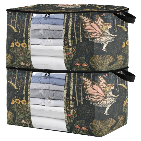 WOBOGO Butterfly Wizard Clothes Storage 2Pack Foldable Thick Fabric Blanket Organizer Bag with Handle 21.65×13.78×12.4in