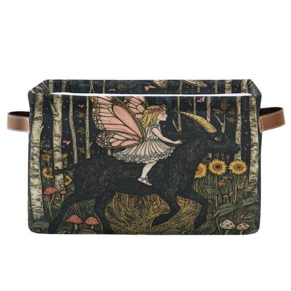 WOBOGO Butterfly Wizard Square Storage Basket with Waterproof Canvas and PE Lining Durable PU Leather Handles 14.2×10.2×8.3in