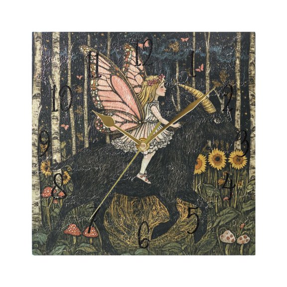 WOBOGO Butterfly Wizard Wall Clock 7.78 Inch Battery Operated Silent Unit Square Rustic Vintage Style for Home Bedroom Office Gold Pointer