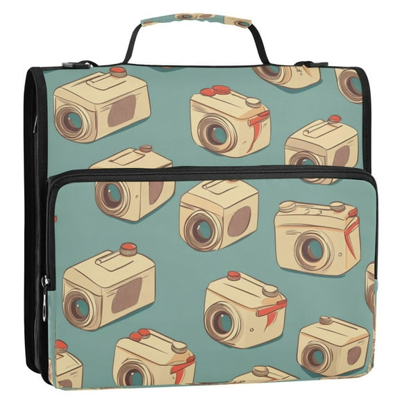 WOBOGO Cartoon Camera Pattern Ring Binder Bag 1.5in Folder Organizer with Shoulder Strap for 13Inch Laptop and 500 Sheets of Paper