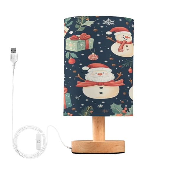 WOBOGO Cartoon Characters Snowman Santa Claus Bedroom Table Lamp USB Power Connector Wooden Base Round Linen Shade For Living Room Desk