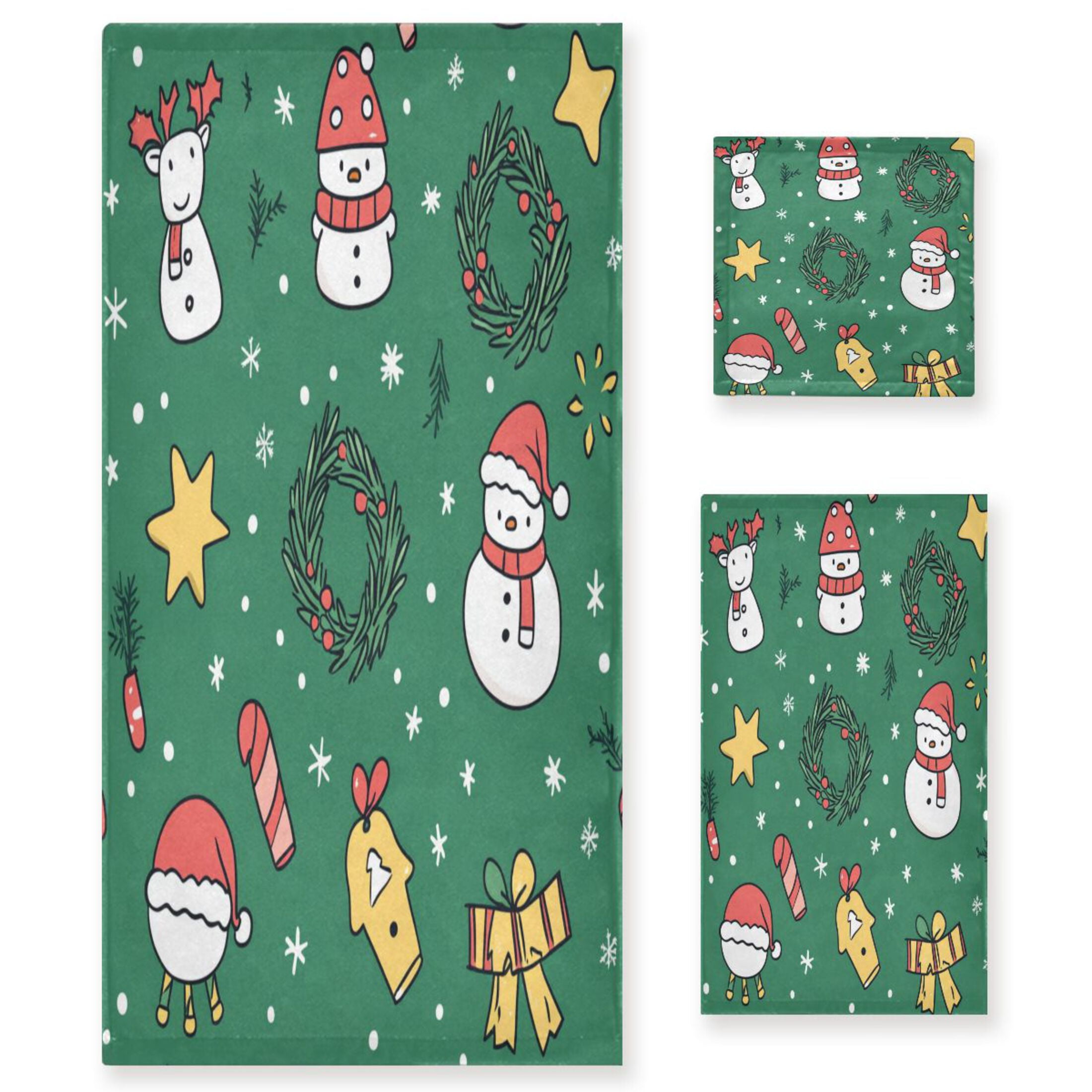 WOBOGO Cartoon Christmas Patterns with Simple Lines Ultra Soft 3 Pack Cotton Towel Set Includes 60 x 30in Bath Towel 28 x 16in Face Towel and 13 x 13in Small Square Towel for Everyday Use Lightweight