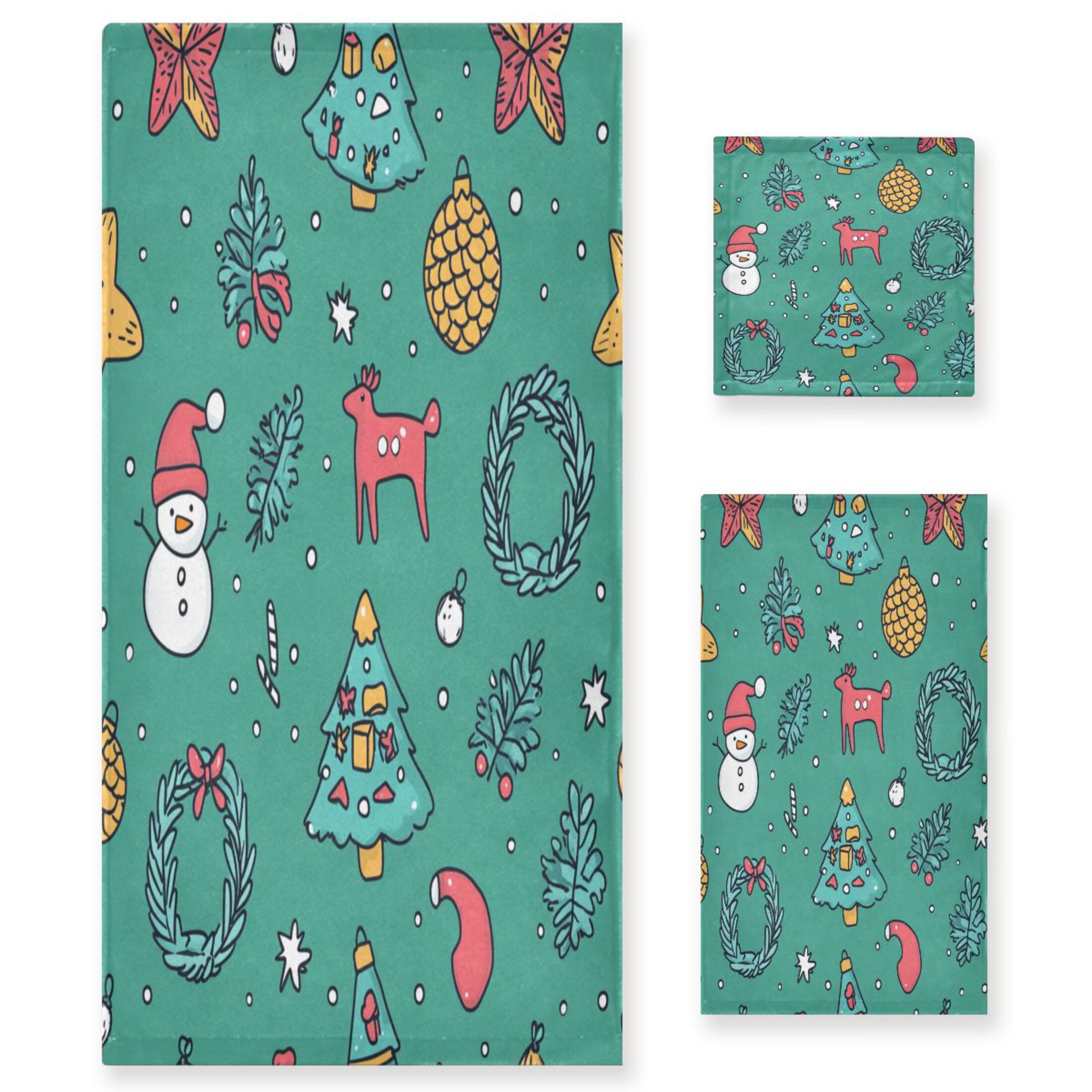 WOBOGO Cartoon Christmas Patterns with Simple Lines Ultra Soft 3 Pack Cotton Towel Set Includes 60 x 30in Bath Towel 28 x 16in Face Towel and 13 x 13in Small Square Towel for Everyday Use Lightweight