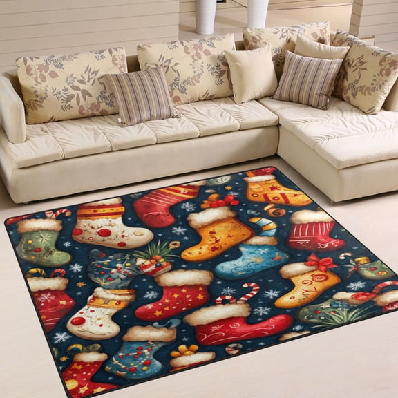 WOBOGO Cartoon Christmas Stockings Carpet Non-Slip Rugs Soft Doormat 63×48in Living Dining Room Bedroom Decorative