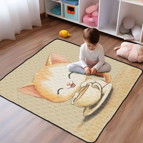 WOBOGO Cartoon Cute Cat Drink Coffee Baby Playmats Extra Large Waterproof Rollable Activity Pads for Toddlers 5050inch