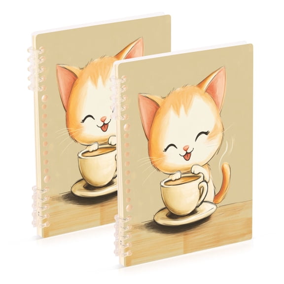 WOBOGO Cartoon Cute Cat Drink Coffee Notebook College Horizontal Grid Paper Ink Spill Resistant Water Resistant Cover 8.3x5.7x0.4in