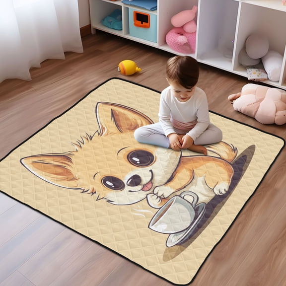 WOBOGO Cartoon Cute Dog Drink Coffee Baby Playmats Extra Large Waterproof Rollable Activity Pads for Toddlers 5050inch