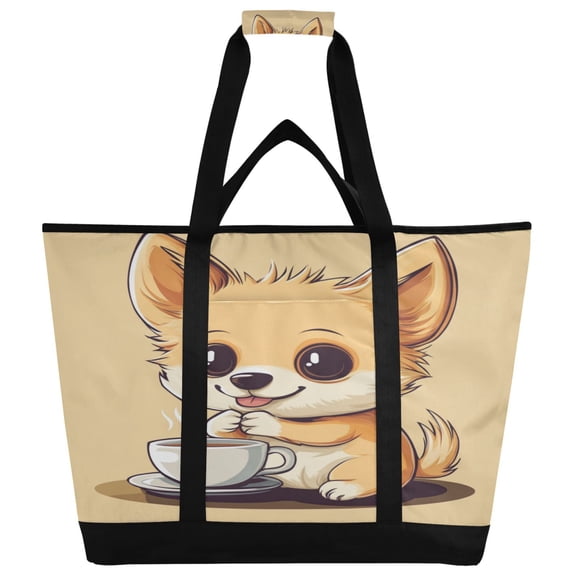 WOBOGO Cartoon Cute Dog Drink Coffee Tote Cooler Bag Fold Flat Insulated Shopping Bag With Zipper For Work Picnic Beach Use 18×6.7×24in