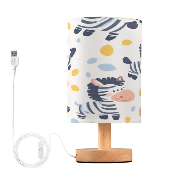 WOBOGO Cartoon Cute Zebra Bedroom Table Lamp USB Power Connector Wooden Base Round Linen Shade For Living Room Desk