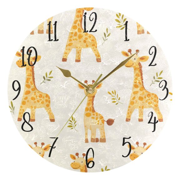 WOBOGO Cartoon Giraffe Wall Clock 10in Silent Mechanism Battery Operated Retro Style for Living Room Bedroom and Kitchen Gold Pointer