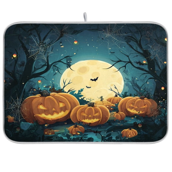 WOBOGO Cartoon Halloween Pumpkins Kitchen Drying Mat Heat Resistant Drainage with Non-Slip Rubber Backing Hides Stains Super Absorbent Easy to Clean 16×18in