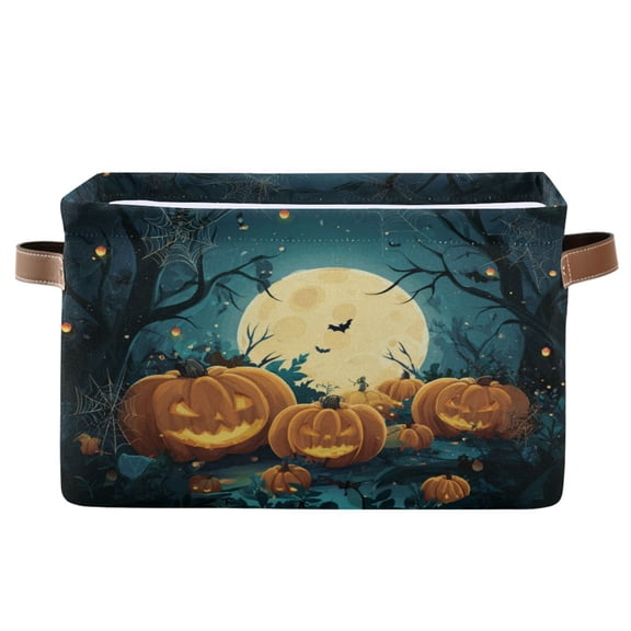 WOBOGO Cartoon Halloween Pumpkins Square Storage Basket with Waterproof Canvas and PE Lining Durable PU Leather Handles 14.2×10.2×8.3in