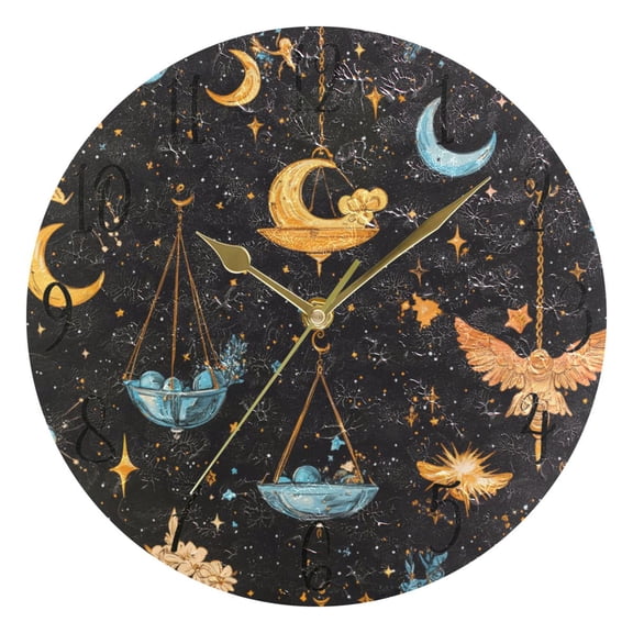 WOBOGO Cartoon Libra Pattern Wall Clock 10in Silent Mechanism Battery Operated Retro Style for Living Room Bedroom and Kitchen Gold Pointer