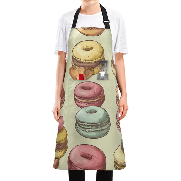 WOBOGO Cartoon Macaroons Long Apron Waterdrop Resistant with 2 Pockets Cooking Kitchen Chef Apron for Women Men