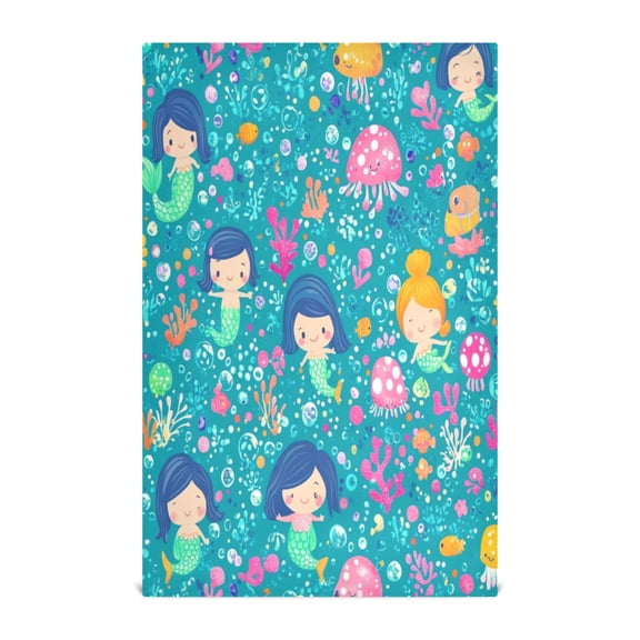 WOBOGO Cartoon Mermaids Blue Pattern Kitchen Towel 1 Piece Large Cotton Dishcloth Premium Absorbency Set with Hanging Loop