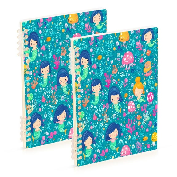 WOBOGO Cartoon Mermaids Blue Pattern Notebook College Horizontal Grid Paper Ink Spill Resistant Water Resistant Cover 8.3x5.7x0.4in