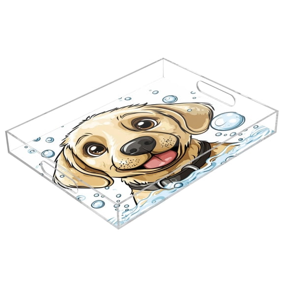 WOBOGO Cartoon Orange Labrador Acrylic Serving Trays 15.7x11.8 Inch Spill Proof Clear Decorative Organizer with Handle