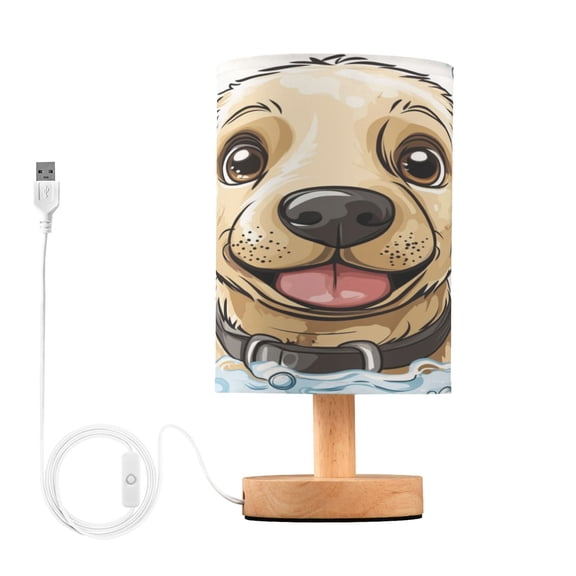 WOBOGO Cartoon Orange Labrador Bedroom Table Lamp USB Power Connector Wooden Base Round Linen Shade For Living Room Desk