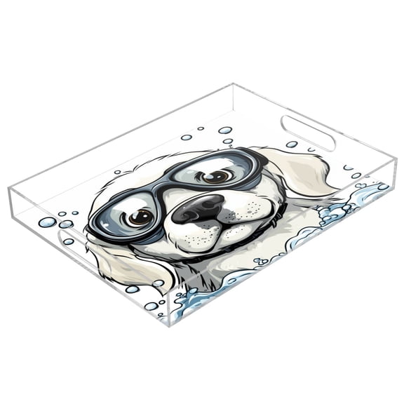 WOBOGO Cartoon White Labrador Acrylic Serving Trays 15.7x11.8 Inch Spill Proof Clear Decorative Organizer with Handle