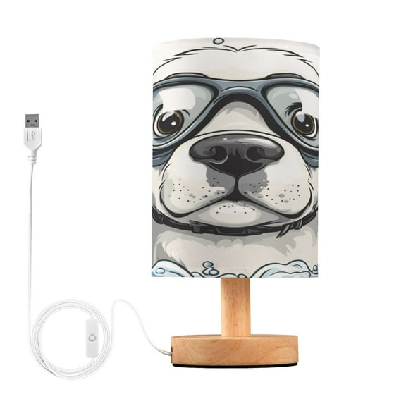 WOBOGO Cartoon White Labrador Bedroom Table Lamp USB Power Connector Wooden Base Round Linen Shade For Living Room Desk