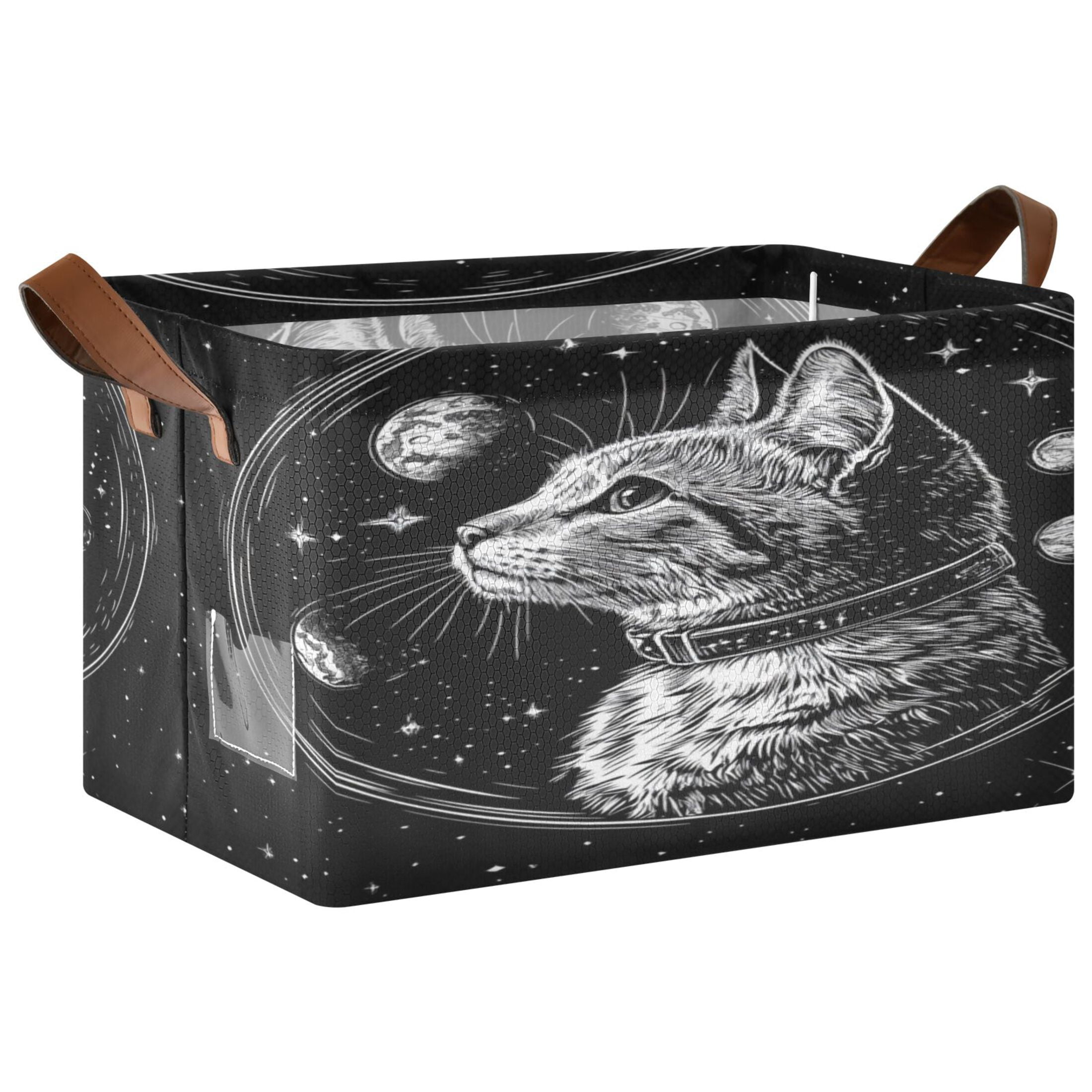 WOBOGO Cat Black Universe Pattern Storage Basket 16.9×11.4×10in Collapsible Oversized with Metal Iron Frame Set of 1