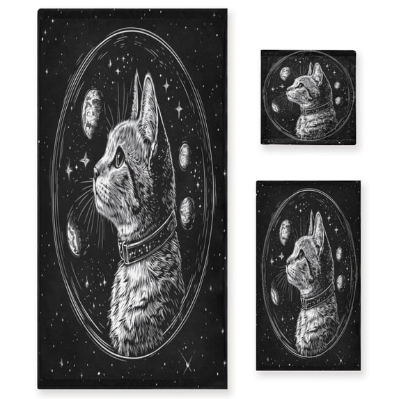 WOBOGO Cat Black Universe Pattern Ultra Soft 3 Pack Cotton Towel Set Includes 60 x 30in Bath Towel 28 x 16in Face Towel and 13 x 13in Small Square Towel for Everyday Use Lightweight and Compact