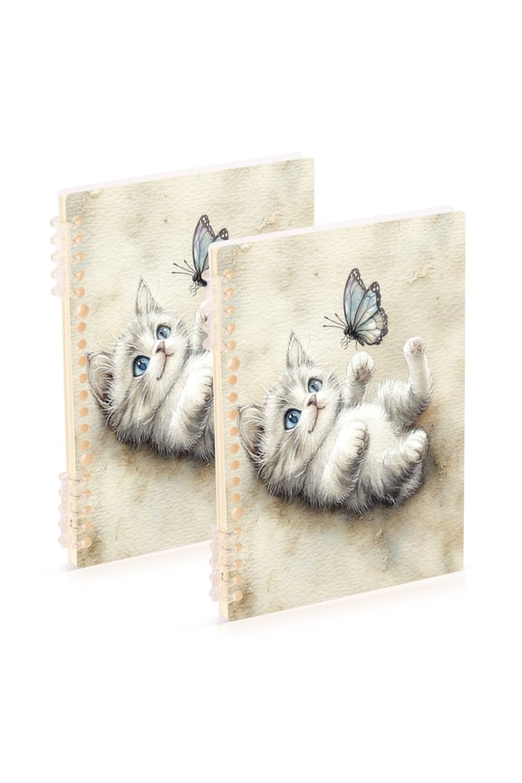 Cat Plays with Butterfly Notebook College Horizontal Grid Paper Ink Spill Resistant Water Resistant Cover 8.3x5.7x0.4in