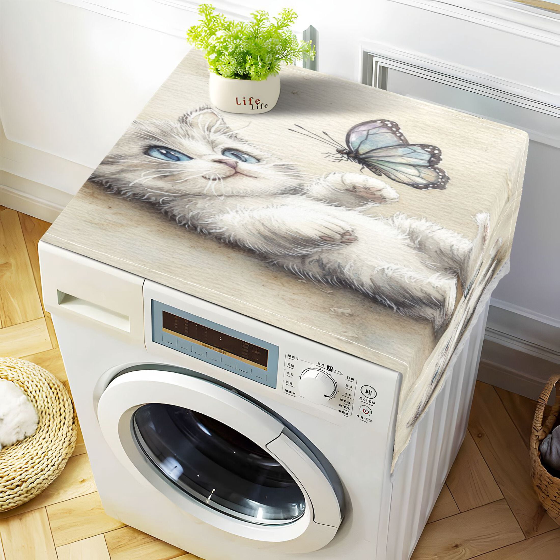 WOBOGO Cat Plays with Butterfly Washing Machine Cloth Dryer Refrigerator Top Cover Protective Non-Slip Mat For Kitchen Laundry