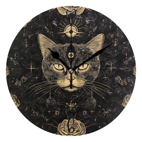 WOBOGO Cat with Third Eye Rose Pattern Wall Clock 10in Silent Mechanism Battery Operated Retro Style for Living Room Bedroom and Kitchen Black Pointer