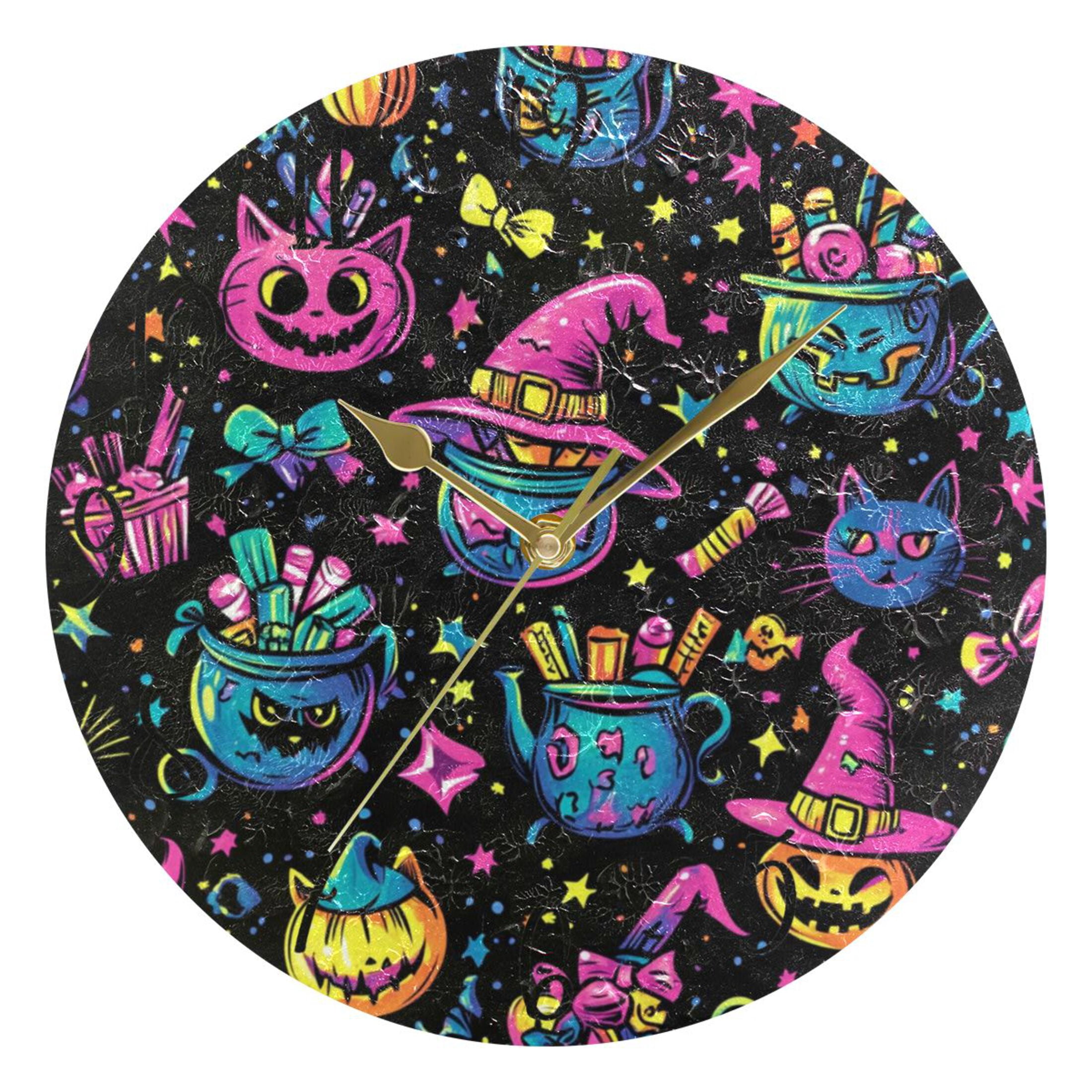 WOBOGO Cat Wtch Hat Black Pattern Wall Clock 10in Silent Mechanism ...
