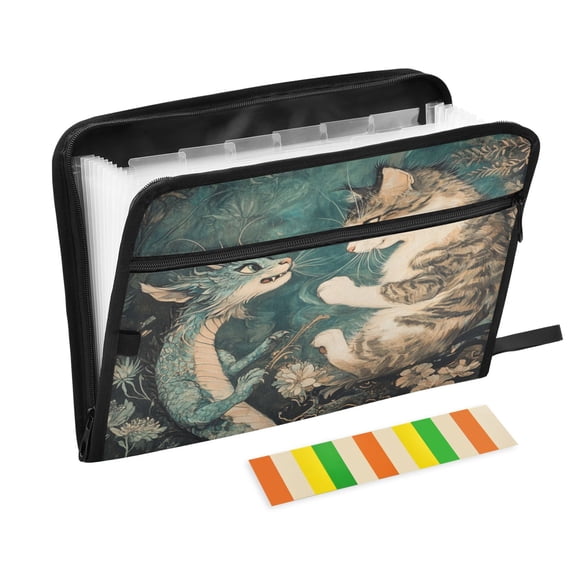 WOBOGO Cat and Dragon Drawing Expanding File Folder Letter Size Accordion Filing Organizer 13 Pocket Separate Organ Pocket