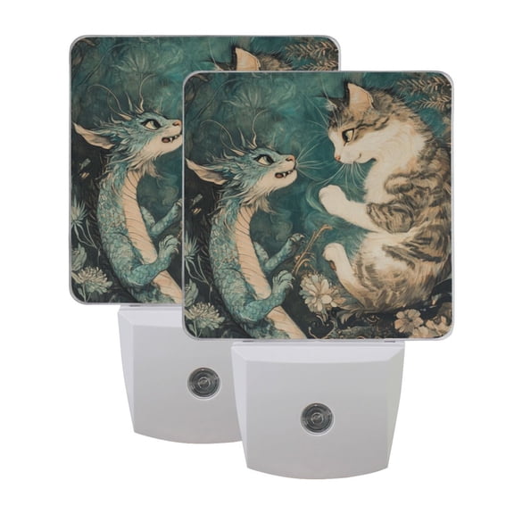 WOBOGO Cat and Dragon Drawing LED Night Light 2 Pcs Set 0.5 Watt Wall Plug in Dusk to Dawn Automatic Switch Soft White Light