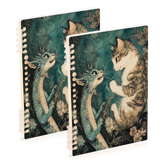 WOBOGO Cat and Dragon Drawing Notebook College Horizontal Grid Paper Ink Spill Resistant Water Resistant Cover 8.3x5.7x0.4in