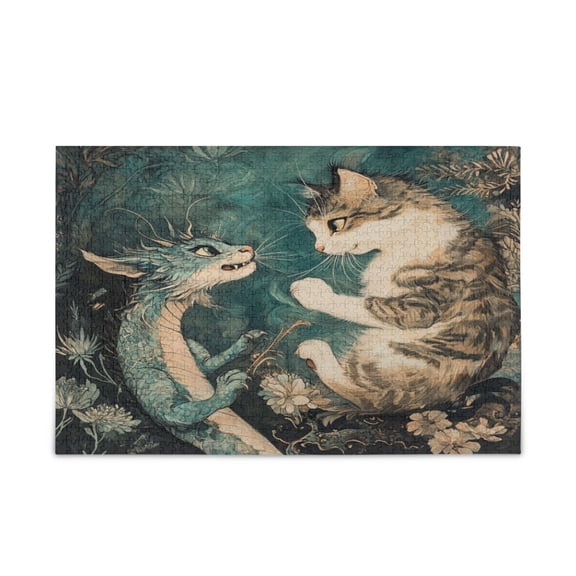 WOBOGO Cat and Dragon Drawing Puzzle Challenge 500 Piece Jigsaw Suitable for Game Night Finished Size 20.5 x 14.9in