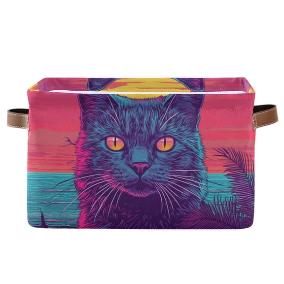WOBOGO Cat before Sunset Square Storage Basket with Waterproof Canvas and PE Lining Durable PU Leather Handles 14.2×10.2×8.3in
