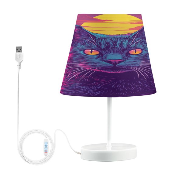 WOBOGO Cat before Sunset Table Lamps Bedroom 3-Speed Dimmable Farm Style with Fabric Shade for Reading and Home Office
