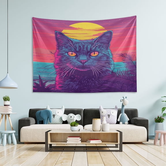WOBOGO Cat before Sunset Tapestry 90×60in Home Living Room Bedroom Wall Hanging Ornaments