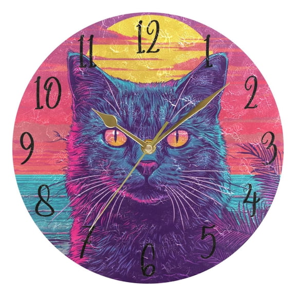 WOBOGO Cat before Sunset Wall Clock 10in Silent Mechanism Battery Operated Retro Style for Living Room Bedroom and Kitchen Gold Pointer