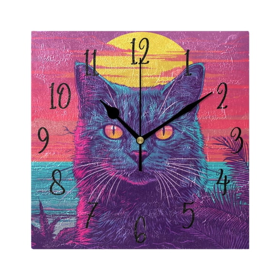 WOBOGO Cat before Sunset Wall Clock 7.78 Inch Battery Operated Silent Unit Square Rustic Vintage Style for Home Bedroom Office Black Pointer