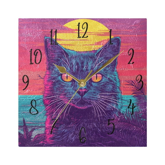WOBOGO Cat before Sunset Wall Clock 7.78 Inch Battery Operated Silent Unit Square Rustic Vintage Style for Home Bedroom Office Gold Pointer