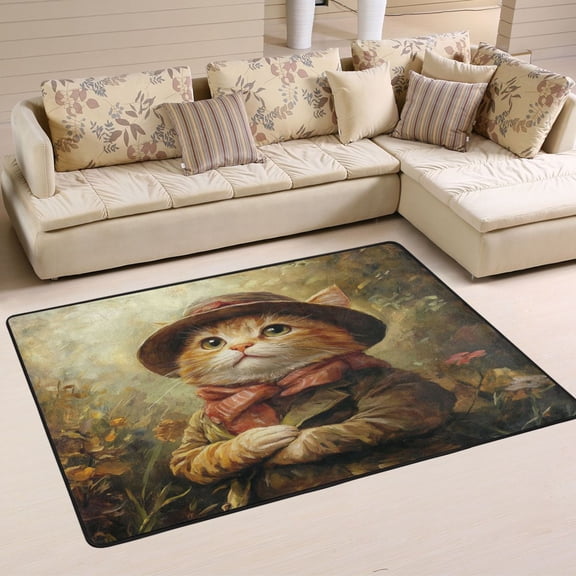 WOBOGO Cat in An Army Coat Carpet Non-Slip Rugs Soft Doormat 36×24in Living Dining Room Bedroom Decorative