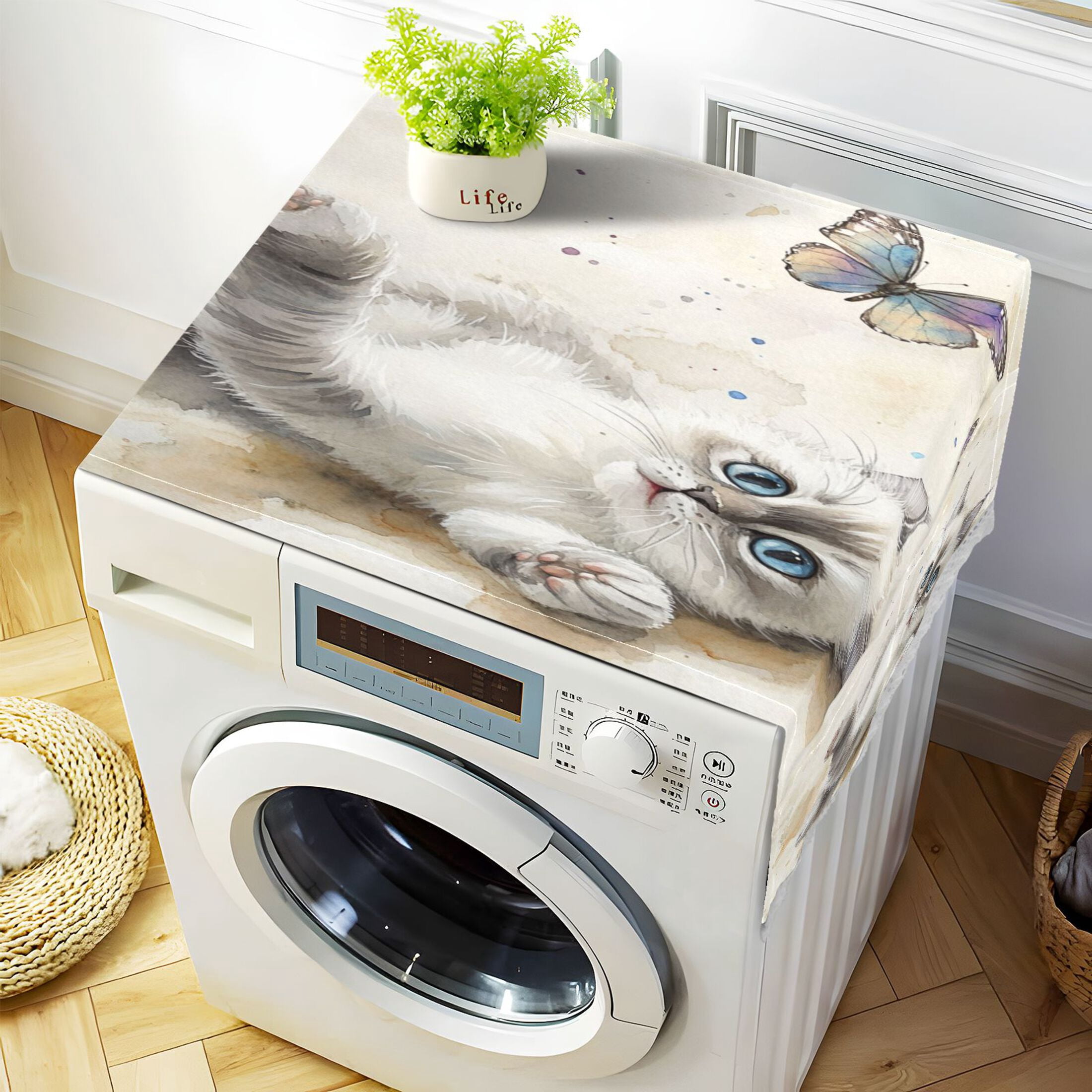 WOBOGO Cat with Colorful Butterfly Washing Machine Cloth Dryer Refrigerator Top Cover Protective Non-Slip Mat For Kitchen Laundry