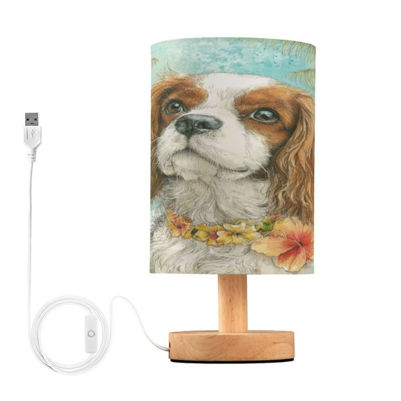 WOBOGO Cavalier King Charles Spaniel Dog Bedroom Table Lamp USB Power Connector Wooden Base Round Linen Shade For Living Room Desk