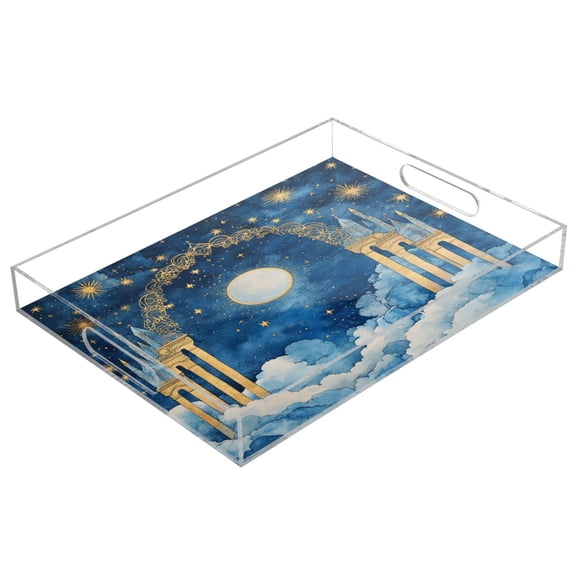 WOBOGO Celestial Sky Acrylic Serving Trays 15.7x11.8 Inch Spill Proof Clear Decorative Organizer with Handle